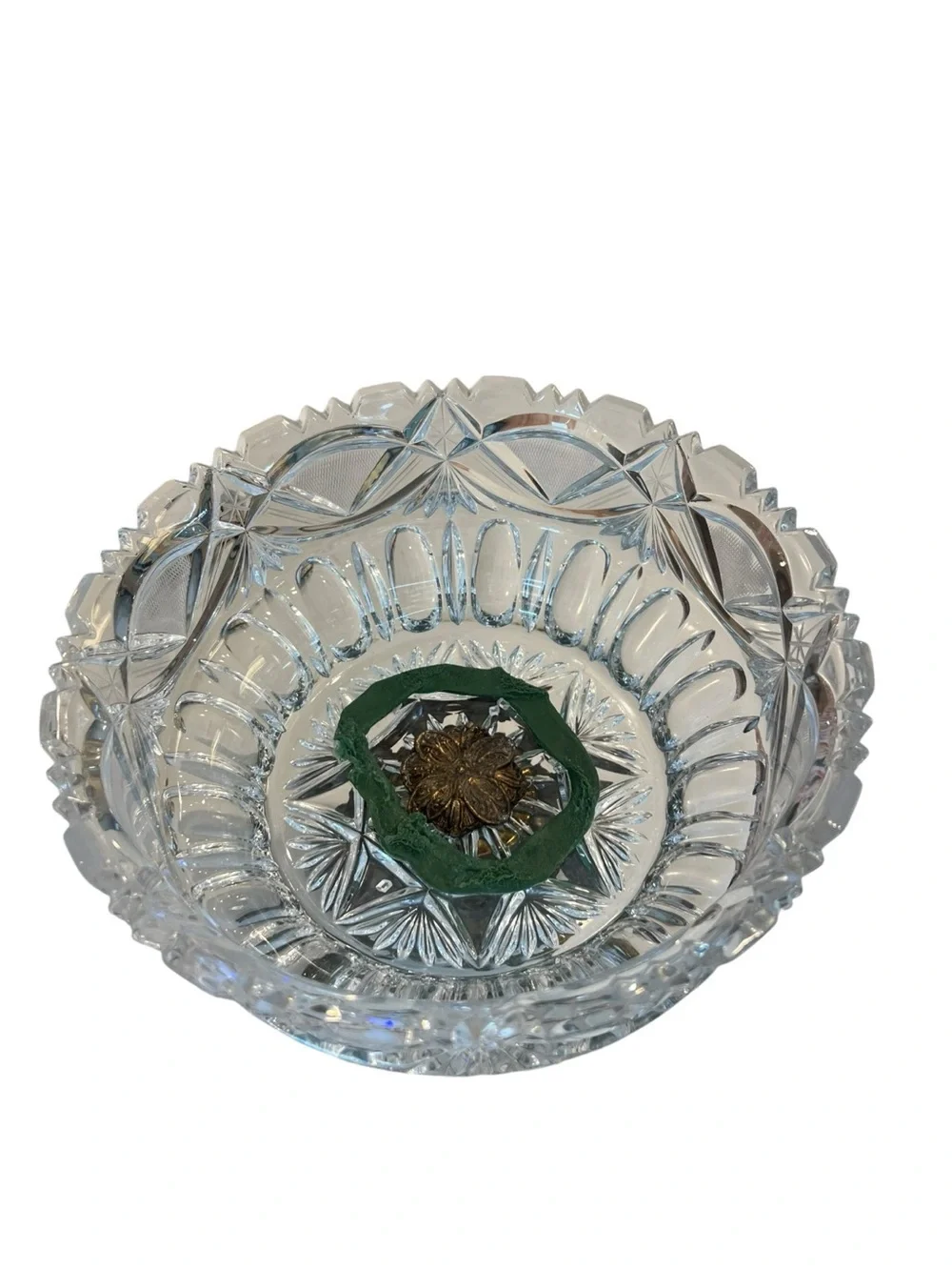 Vintage Cut Crystal Centerpiece Compote Bowl Brass & Marble Pedestal Prism Drops